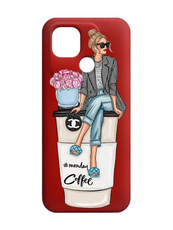 Матовий червоний чохол на Xiaomi Redmi 10C Дівчина на каві (принт 228)