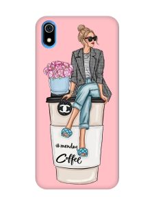 Матовий рожевий чохол на Xiaomi Redmi 7A Дівчина на каві (принт 228)
