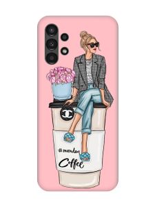 Матовий рожевий чохол на Samsung A13 4G Дівчина на каві (принт 228)