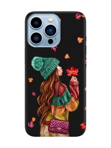 Матовий чорний чохол на Apple iPhone 13 Pro Max :: Дівчина з листям (принт 221)