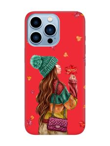 Матовий червоний чохол на Apple iPhone 13 Pro Max :: Дівчина з листям (принт 221)