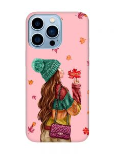 Матовий рожевий чохол на Apple iPhone 13 Pro Max :: Дівчина з листям (принт 221)