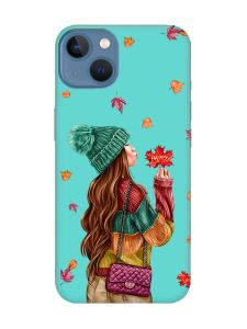 Матовий бірюзовий чохол на Apple iPhone 13 :: Дівчина з листям (принт 221)