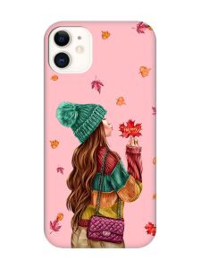 Матовий рожевий чохол на Apple iPhone 11 (6.1) :: Дівчина з листям (принт 221)