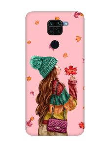 Матовий рожевий чохол на Xiaomi Redmi Note 9 :: Дівчина з листям (принт 221)