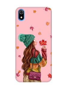 Матовий рожевий чохол на Xiaomi Redmi 7A :: Дівчина з листям (принт 221)