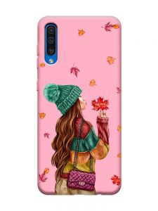 Матовий рожевий чохол на Samsung Galaxy A50 (2019) A505 :: Дівчина з листям (принт 221)