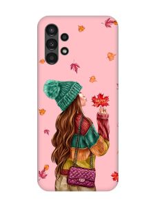 Матовий рожевий чохол на Samsung A13 4G :: Дівчина з листям (принт 221)