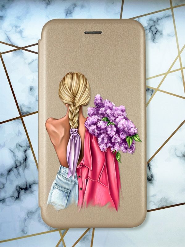 Чохол-книжка з малюнком для Samsung Galaxy A22 4G/ M22/ M32 Золотий :: Дівчина з бузком (принт 7)