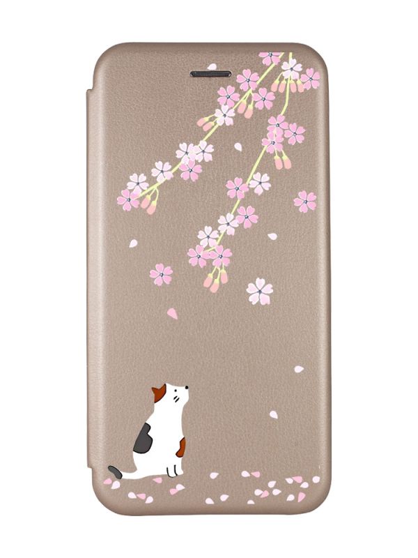 Чохол-книжка з малюнком для Xiaomi Redmi 9 Золотистий :: Котик і сакура (принт 283)