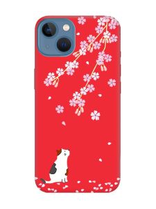 Матовий червоний чохол на Apple iPhone 13 :: Котик і сакура (принт 283)