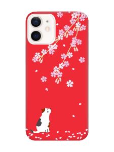 Матовий червоний чохол на Apple iPhone 12 / 12 Pro (6.1) :: Котик і сакура (принт 283)