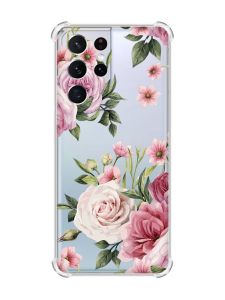 Чохол з потовщеними кутами на Samsung Galaxy S21 Ultra :: Рожеві квіти (принт 287)