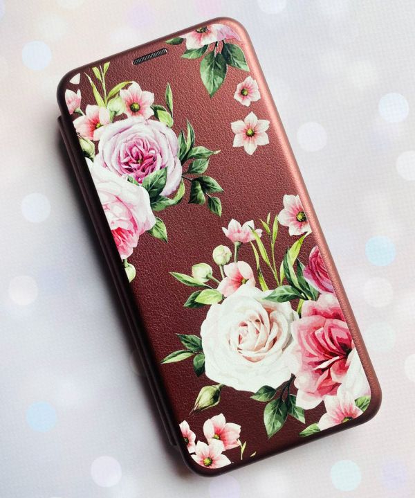 Чохол-книжка з малюнком для Samsung Galaxy А10 (2019) А105 Бордовий :: Рожеві квіти (принт 287)