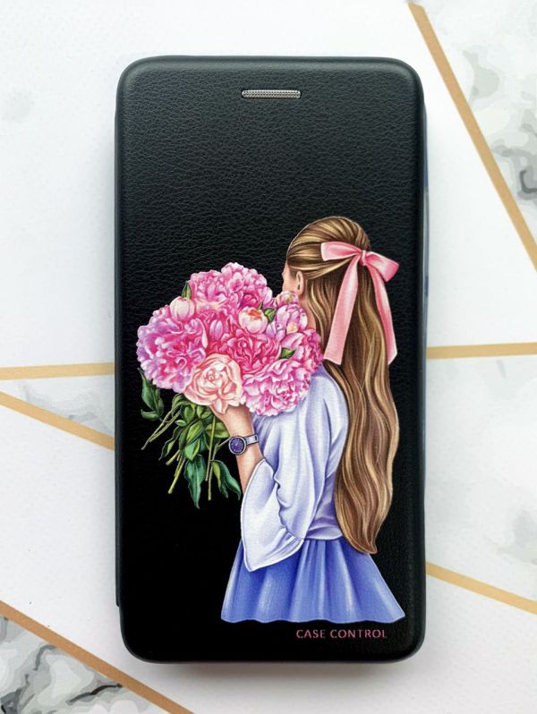 Чохол-книжка з малюнком для Xiaomi Redmi 6 Чорний :: Дівчина з півоніями (принт 11)