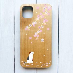Дерев'яний чохол на iPhone 12 / 12 Pro (6.1) :: Котик і сакура (принт 283)