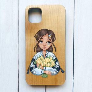 Дерев'яний чохол на iPhone 12 / 12 Pro (6.1) :: Дівчина з тюльпанами (патріотичний принт 22)