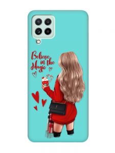 Матовий бірюзовий чохол на Samsung Galaxy M32/M22/A22 4G :: Дівчина з кавою (принт 137)