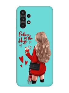 Матовий бірюзовий чохол на Samsung Galaxy A13 4G :: Дівчина з кавою (принт 137)