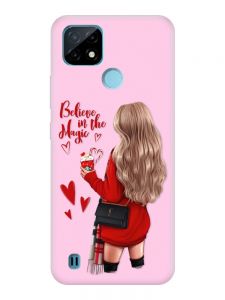 Матовий рожевий чохол на Realme C21Y :: Дівчина з кавою (принт 137)