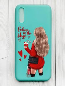 Матовий бірюзовий чохол на Xiaomi Redmi 9А :: Дівчина з кавою (принт 137)