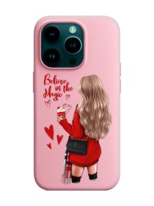 Матовий рожевий чохол на Apple iPhone 14 Pro :: Дівчина з кавою (принт 137)