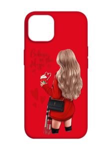 Матовий червоний чохол на Apple iPhone 14 :: Дівчина з кавою (принт 137)