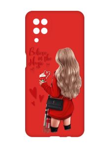 Матовий червоний чохол на Samsung Galaxy A12 :: Дівчина з кавою (принт 137)