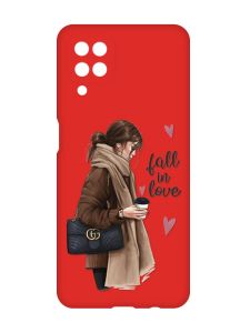 Матовий червоний чохол на Samsung Galaxy A12 :: Дівчина з кавою (принт 112)