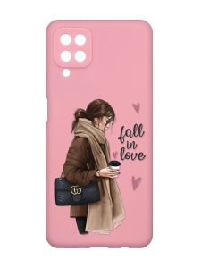 Матовий рожевий чохол на Samsung Galaxy A12 :: Дівчина з кавою (принт 112)