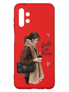 Матовий червоний чохол на Samsung A13 4G :: Дівчина з кавою (принт 112)