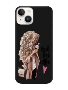 Матовий чорний чохол на Apple iPhone 14 :: Дівчина з кавою (принт 114)