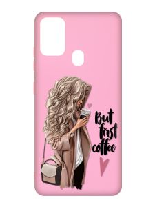 Матовий рожевий чохол на Samsung Galaxy M30s/M21 :: Дівчина з кавою (принт 114)