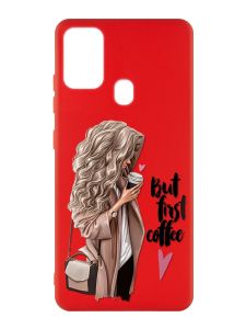 Матовий червоний чохол на Samsung Galaxy M30s/M21 :: Дівчина з кавою (принт 114)