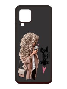 Матовий чорний чохол на Samsung Galaxy M32 / A22 / M22 4G :: Дівчина з кавою (принт 114)