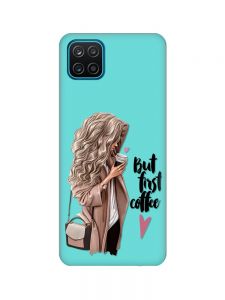 Матовий бірюзовий чохол на Samsung Galaxy A12 :: Дівчина з кавою (принт 114)