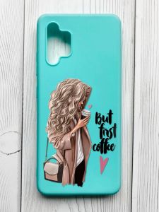 Матовий бірюзовий чохол на Samsung Galaxy A32 :: Дівчина з кавою (принт 114)