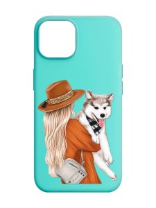 Матовий бірюзовий чохол на Apple iPhone 14 :: Дівчина з песиком (принт 115)