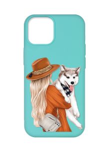 Матовий бірюзовий чохол на Apple iPhone 12 Pro Max :: Дівчина з песиком (принт 115)