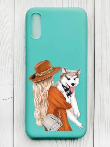 Матовий бірюзовий чохол на Xiaomi Redmi 9А :: Дівчина з песиком (принт 115)