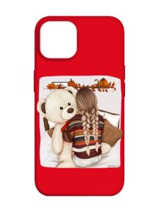 Матовий червоний чохол на Apple iPhone 14 :: Дівчинка з ведмедиком (принт 117)