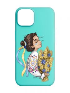 Матовий бірюзовий чохол на Apple iPhone 14 :: Українка з колосками (патріотичний принт 172)