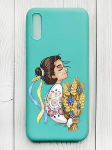 Матовий бірюзовий чохол на Xiaomi Redmi 9А :: Українка з колосками (патріотичний принт 172)