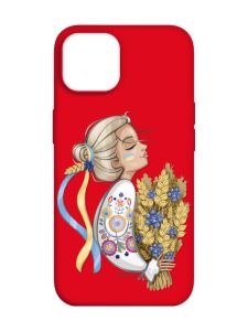 Матовий червоний чохол на Apple iPhone 14 :: Українка з колосками (патріотичний принт 173)