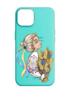 Матовий бірюзовий чохол на Apple iPhone 14 :: Українка з колосками (патріотичний принт 173)