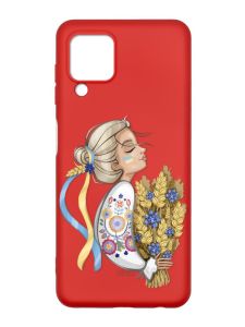 Матовий червоний чохол на Samsung Galaxy M32/A22/M22 4G :: Українка з колосками (патріотичний принт 173)