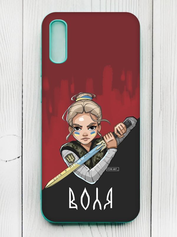 Чохол з бірюзовими боками на Xiaomi Redmi 9А :: Українська захисниця (патріотичний принт 171)