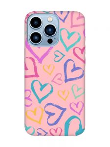 Матовий рожевий чохол на Apple iPhone 13 Pro Max :: Різнокольорові сердечка (принт 332)
