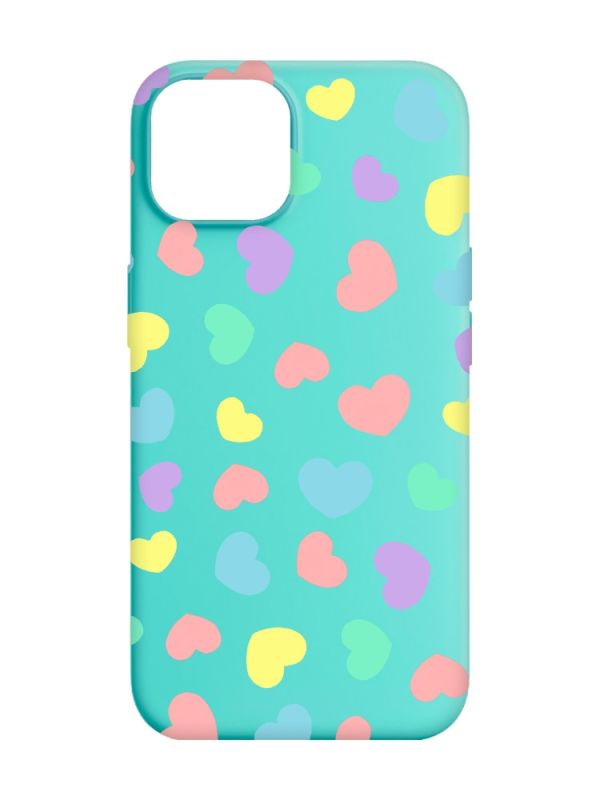Матовий бірюзовий чохол на Apple iPhone 14 :: Різнокольорові сердечка (принт 335)