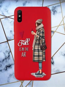 Матовий червоний чохол на Xiaomi Redmi 9А Дівчина з кавою принт 59